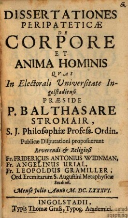Dissertationes Peripateticae De Corpore Et Anima Hominis