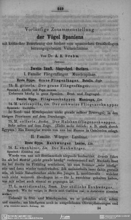 Vorläufige Zusammenstellung der Vögel Spaniens mit kritischer Benutzung der bisher von spanischen Ornithologen herausgegebenen Verzeichnissen (Schluss)