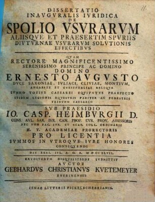 Dissertatio Inavgvralis Ivridica De Spolio Vsvrarvm Aliisqve Et Praesertim Spvriis Divtvrnae Vsvrarvm Solvtionis Effectibvs