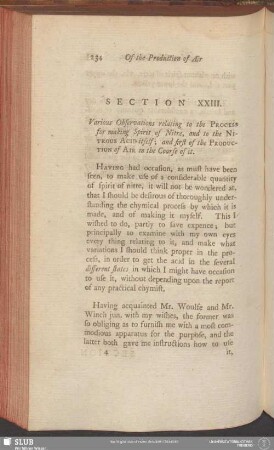 Section XXIII. Various Observations relating to the Process for making Spirit of Nitre, and to the Nitrous Acid itself; and first of the Production of Air in the Course of it