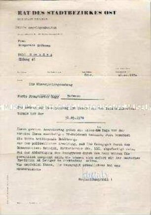 Schreiben zur Genehmigung der Übersiedlung von der DDR in die Bundesrepublik