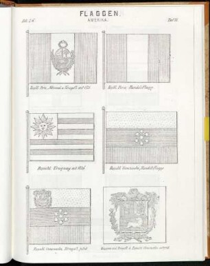 Taf. 81. Republ. Peru, National u. Kriegsfl. seit 1821. - Republ. Peru, Handelsflagge. - Republ. Uruguay, seit 1826. - Republ. Venezuela, Handelsflagge. - Republ. Venezuela, Kriegsfl. jetzt. - Wappen in d. Kriegsfl. d. Republ. Venezuela vergrst.