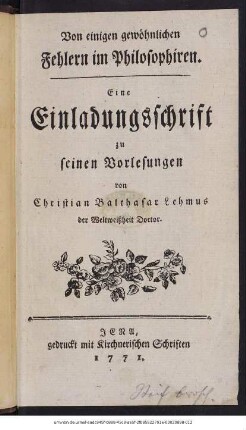 Von einigen gewöhnlichen Fehlern im Philosophiren : Eine Einladungsschrift zu seinen Vorlesungen
