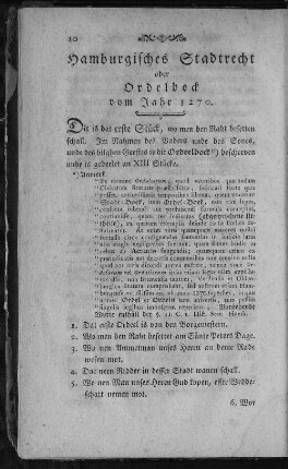 Hamburgisches Stadtrecht oder Ordelbock vom Jahr 1270.