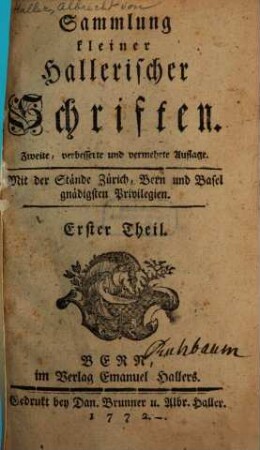 Sammlung kleiner Hallerischer Schriften, 1