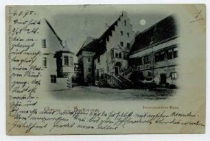 "Deutschordens-Haus" - kleiner Deutschhof mit Freitreppe, Staffelgiebelhaus und Komturwappen-Erker (Mondscheinkarte)