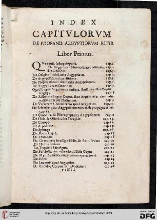 Index capitulorum de profanis Aegyptiorum ritib. Liber Primus