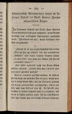Unmaßgebliche Beantwortung einiger im Teterower Distrikt des Meckl. Patriot. Vereins aufgeworfenen Fragen