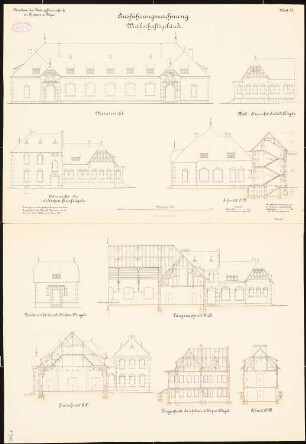 Unteroffiziersschule, Treptow/Rega: Wirtschaftsgebäude: Aufriss Nordansicht, Ostansicht, Westansicht, Längsschnitt, Querschnitt 1:100
