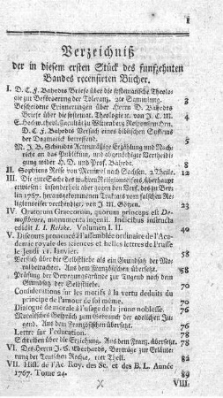 Verzeichniß der in diesem ersten Stück des funfzehnten Bandes recensirten Bücher.