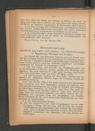 Bekanntmachung betreffend das Laden und Löschen von Schiffsfahrzeugen in Magdeburg, Neustadt und Buckau.