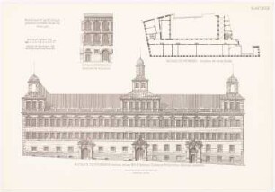 Rathaus, Nürnberg: Ansicht, Grundriss, Detail (aus: Baukunst d. Renaissance in Deutschland, hrsg. v. Zeichenaussch. d. Stud. d. TH Berlin, 1875)