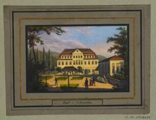 Ansicht vom Kurhaus Bad Schandau, Radierung, um 1840 : Bad z. Schandau, [ca. 1840]. - 1 Kunstblatt : kol. Radierung; 10,2 x 6,6 cm