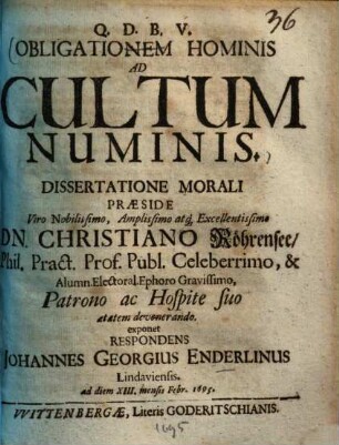 Obligationem Hominis Ad Cultum Numinis Dissertatione Morali