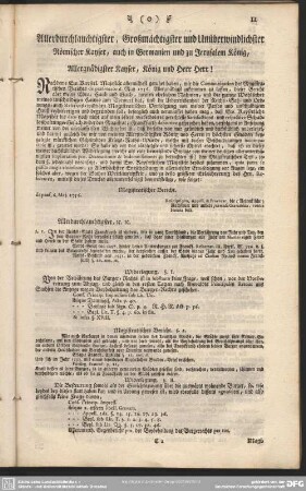Allerdurchlauchtigster, Großmächtigster und Unüberwindlichster Römischer Kayser, auch in Germanien und zu Jerusalem König, Allergnädigster Kayser, König und Herr Herr!