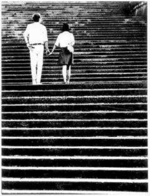 Rückenansicht eines Paares, welches eine Treppe hochgeht
