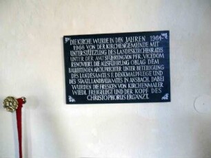 Langhaus Innen-Renovierungstafel Jahr 1964 mit Text (Laudatio)