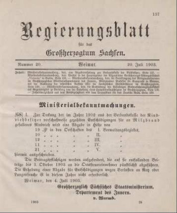68. Ministerialbekanntmachung, betreffend eine Abgabenerhebung zur Verbandskasse der Viehbesitzer