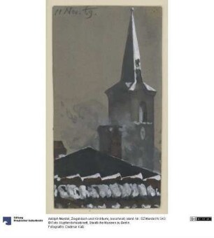 Ziegeldach und Kirchturm, beschneit