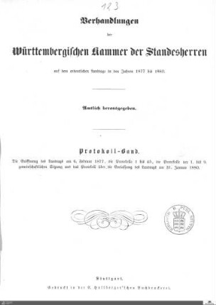 2,16: Landtag Württemberg - Kammer 1, Protokolle 1877-1880