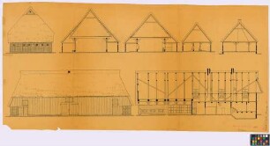 Schinkel ([Landkreis] Osnabrück): Ziegelhof. - Scheune (Nord-Ost-Ansicht). - Hauptgebäude, Stallteil (Querschnitt). - Stall 2 (Querschnitt). - Stall 3 (Querschnitt). - Backhaus (Querschnitt). - Scheune (Süd-Ost-Ansicht). - Hauptgebäude (Längsschnitt)