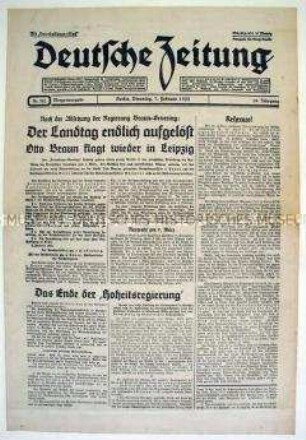 Konservative Tageszeitung "Deutsche Zeitung" zur Auflösung des preußischen Landtags