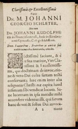 Clarissimis & Excellentissimis Viris Dn. M. Johanni Georgio Schleter, Nec non Dn. Johanni Rudolphi [...]