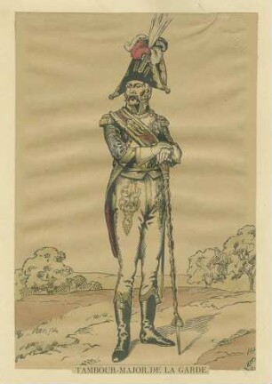 Stab Kaiser Napoleon I.: Tambour-Major der Garde in Uniform und Mütze auf Tambourstab gestützt, stehend, in Halbprofil