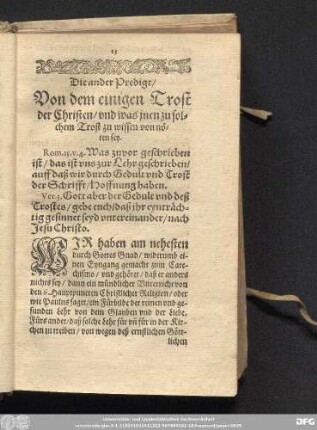 Die ander Predigt/ Von dem einigen Trost der Christen/ und was inen zu solchem Trost zu wissen von nöten sey.