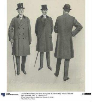 Drei Herren in eleganter Straßenkleidung: Winterpaletot und Stadtchesterfield