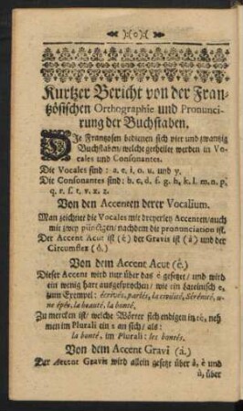 Kurtzer Bericht von der Frantzösischen Orthographie und Pronuncirung der Buchstaben