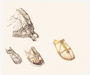 Füße in Zehensandalen: Ornamentdetails verschiedener Riemensandalen römischen Stils