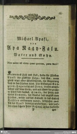 Michael Apafi, von Apa Ragy-Falu. Vater und Sohn. Non minor est virtus quam quaerer, parta tueri!
