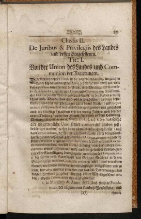Classis II. De Juribus & Privilegiis des Landes und dessen Eingesessenen.