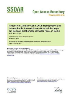 Rezension: Zülfukar Çetin, 2012: Homophobie und Islamophobie: Intersektionale Diskriminierungen am Beispiel binationaler schwuler Paare in Berlin