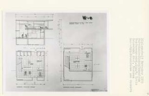 Warenhaus-Einkaufszentrum, Berlin-Mitte (Diplomarbeit bei Bernhard Hermkes): Einrichtungsvorschläge für einen zweigeschossigen Ladentyp, Grundrisse Erdgeschoss, Obergeschoss und Schnitt 1:50