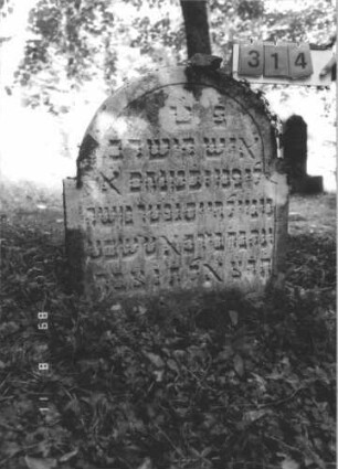 Grabstein 314 (Index: 99799797) Material: Sandstein Zustand: verwittert Maße HxBxT: 95x74x6 cm Beschreibung: Stele, eingezogener Rundbogenabschluß, Schriftfeld eingetieft: Grabstein 314