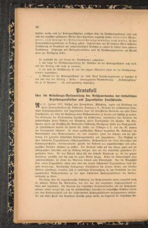 Protokoll über die Gründungs-Versammlung des Reichsverbandes der katholischen Erziehungsanstalten und Jugendheime Deutschlands
