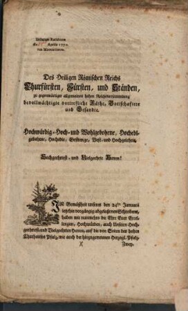 Dictatum Ratisbonae 1770 : Schreibens der Nied. Rhein. ... Reichs-Ritterschaft an die Reichs-Versammlung contra Chur-Pfalz Ebernburg betr.