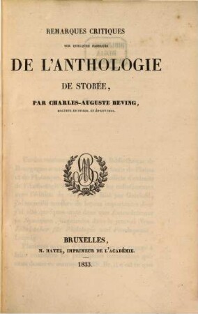 Remarques critiques sur quelques passages de l'Anthologie de Stobée