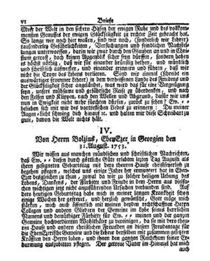IV. Von Herrn Bolzius, Ebenezer in Georgien den 31. August 1753