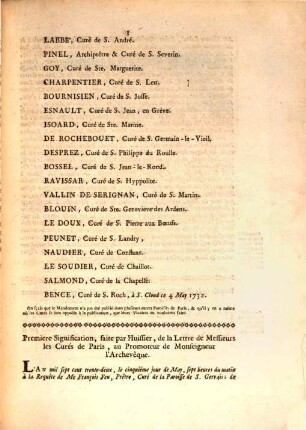 Lettre De Messieurs Les Curés De Paris A Mgr L'Archêveque, Au sujet de son Mandement du 27 Avril 1732.