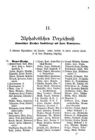 II. Verzeichniß sämmtlicher Straßen mit ihren Bewohnern