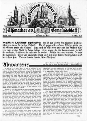 Eisenacher evangelisches Gemeindeblatt : August 1933