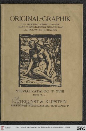 Nr. 18 (Spezialkatalog): Katalog / Gutekunst & Klipstein: Original-Graphik : van Angeren, Daubigny, Daumier, Haden, Jacque, Klipstein, MacLaughlan, Legros, Whistler, Zorn
