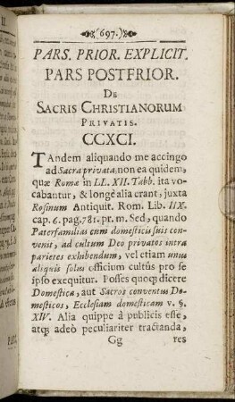 Pars. Prior. Explicit. Pars Posterior. De Sacris Christianorum Privatis.