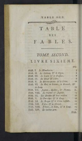 Table des Fables. Tome second.