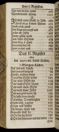 Das II. Register über die Materien derer Lieder.
