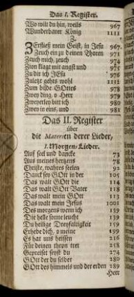 Das II. Register über die Materien derer Lieder.