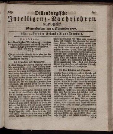 XLIV. Stück. Sonnabends: den 1. November 1777.